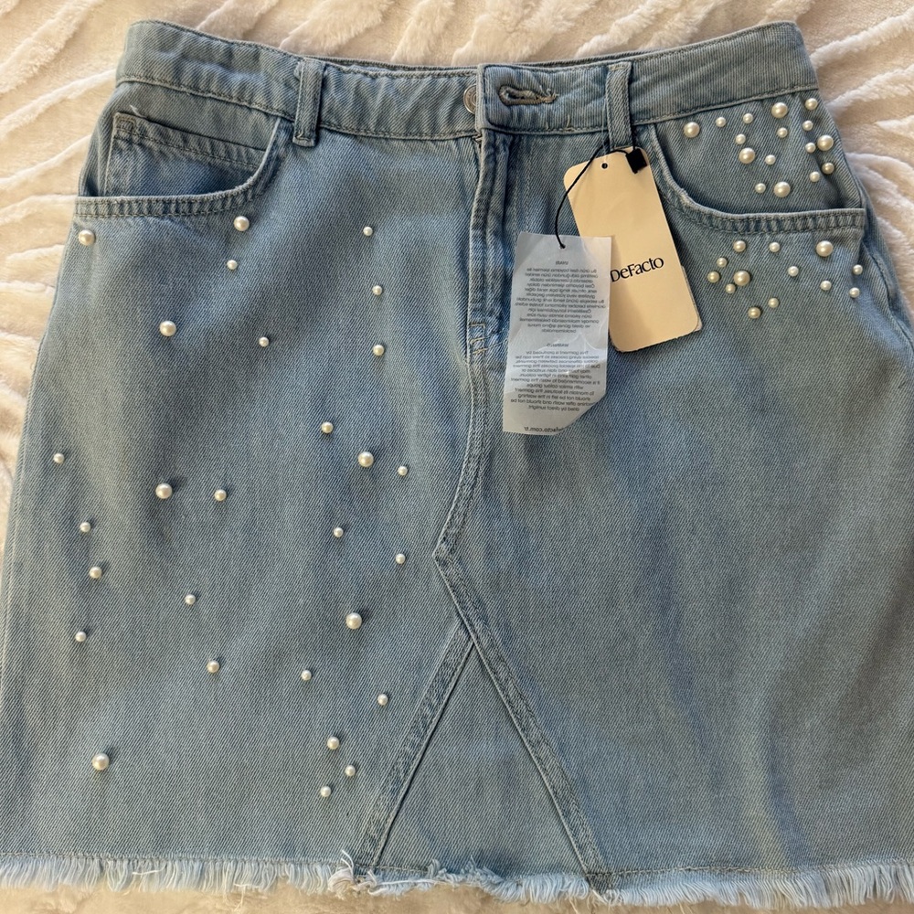 Light Blue Denim Skirt with Pearl Details